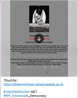 Рисунок 16. Пост в Telegram-канале группировки Underground с дефейсом сайта, предположительно относящегося к государственным ресурсам Индонезии