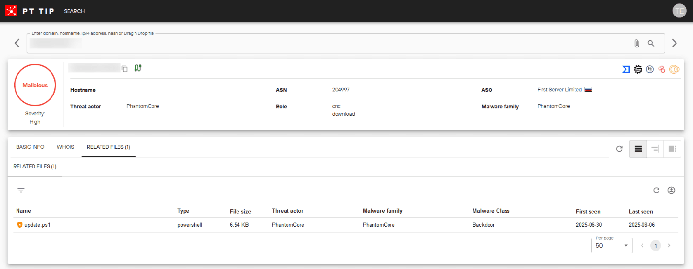 Данные киберразведки о сервере с панелью управления Phantom 
на PT Threat Intelligence Portal