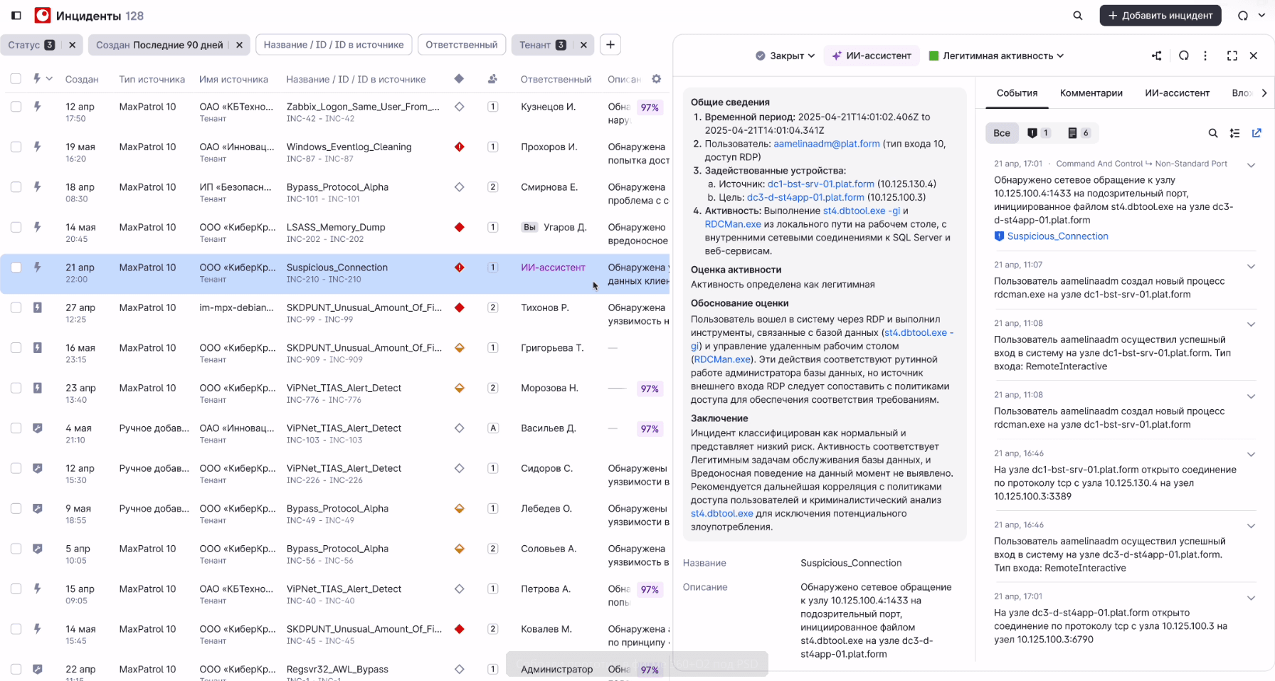 Рисунок 9. Возможности автоматической приоритизации и закрытия алертов в MaxPatrol O2