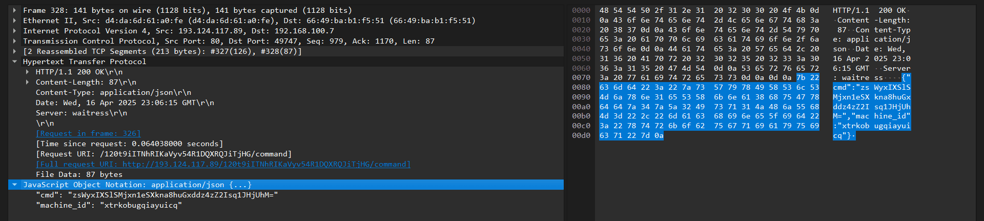 JSON object with encrypted command