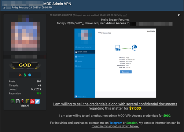Рисунок 11. Объявление о продаже учетных данных аккаунта одной из государственных организаций Ближнего Востока