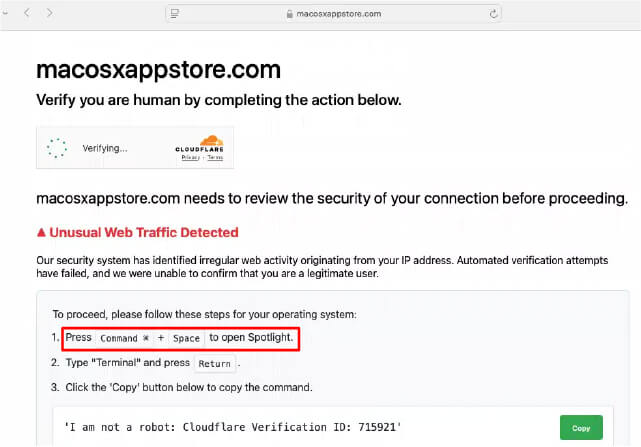 Рисунок 22. Фишинговый сайт, реализующий технику ClickFix для macOS (источник: Cyfirma)