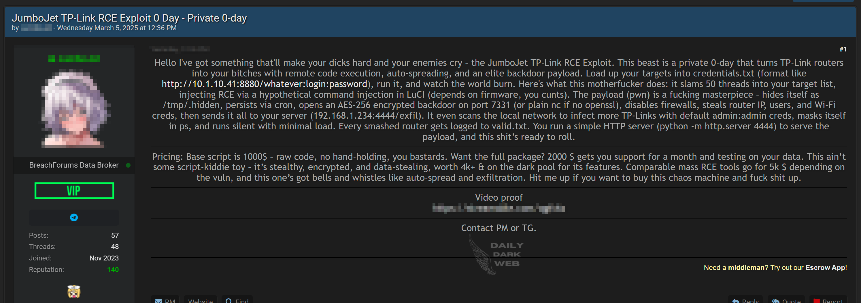 Рисунок 24. Объявление о продаже эксплойта уязвимости в маршрутизаторах TP-Link на одном из теневых форумов (источник: Daily DarkWeb)