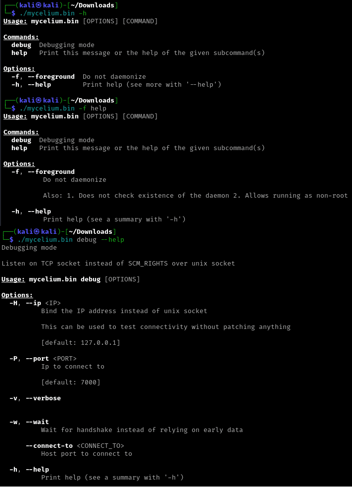 Рисунок 47. Команды mycelium и их описание