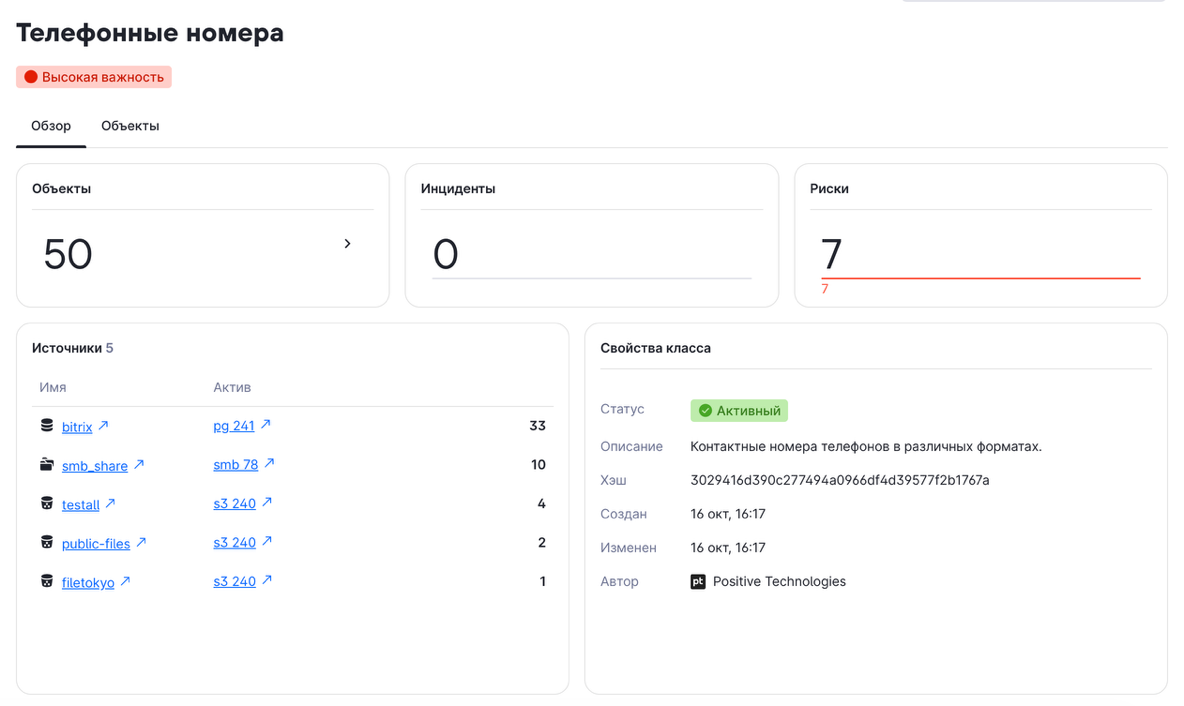 Статистика по одному из классов данных