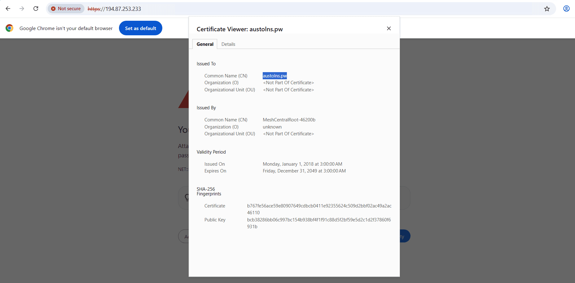 TLS-сертификат MeshCentral-сервера c доменом austolns[.]pw