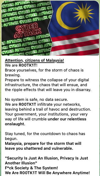 Figure 4. Hacktivist group message threatening Malaysian citizens