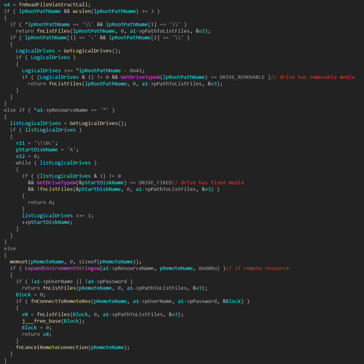 Different types of search implemented in the malware