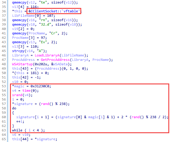 Figure 37. Generating a signature in the constructor of the CClientSocket class