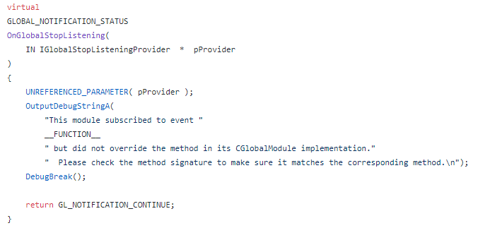 Debugging message in one of the functions from the Microsoft IIS.Common repository