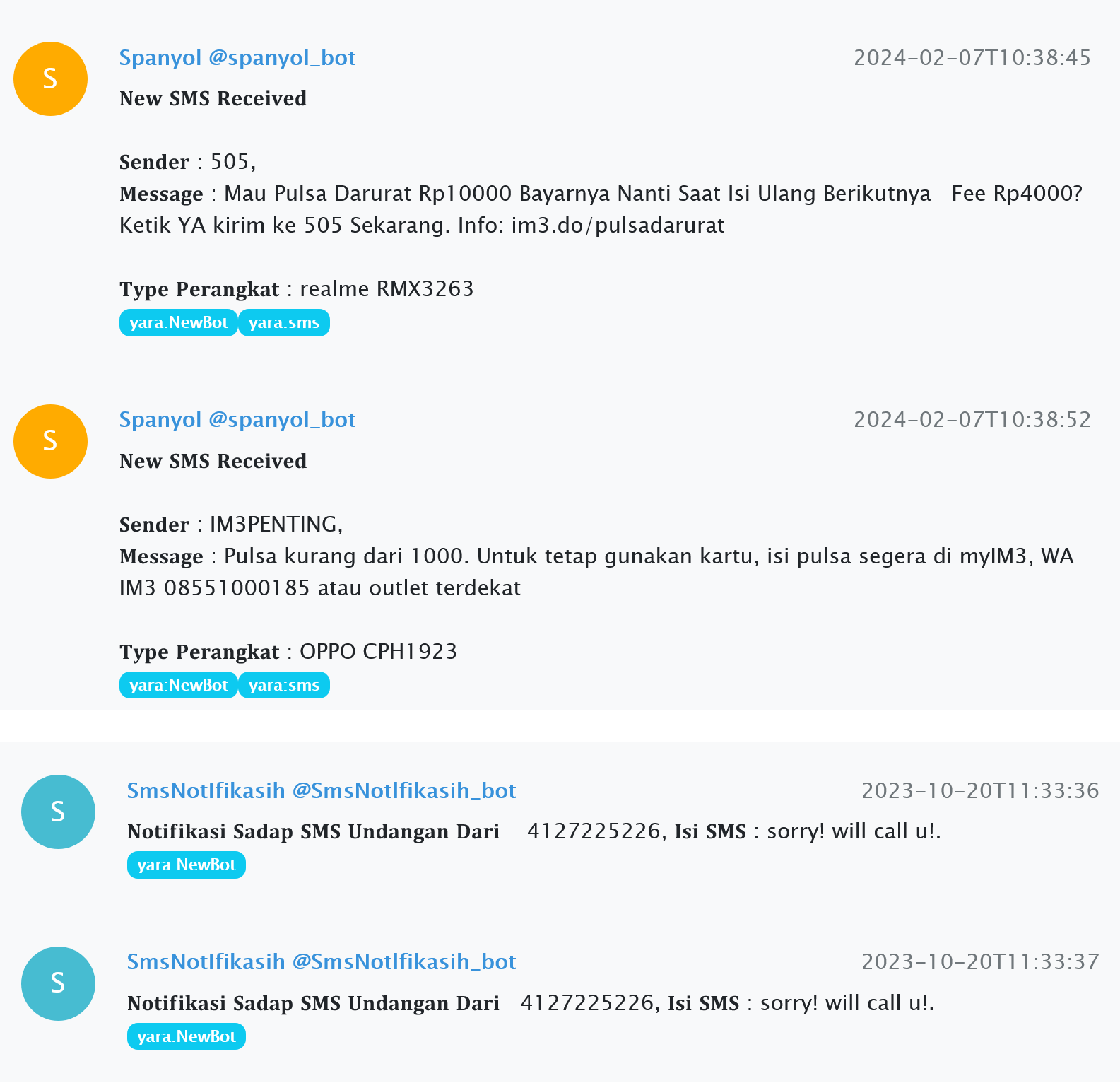 Examples of messages from Telegram bots