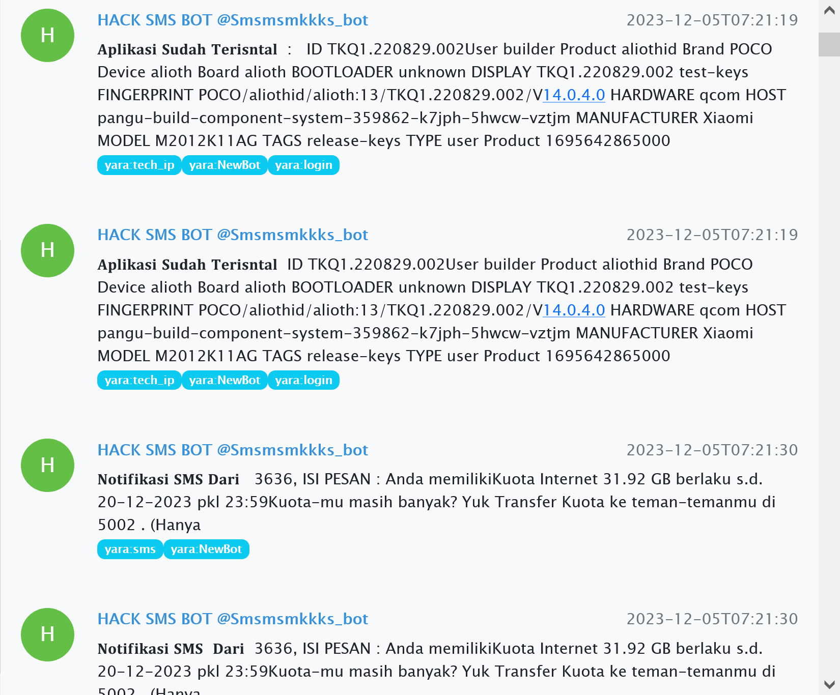 Messages in the HACK SMS BOT